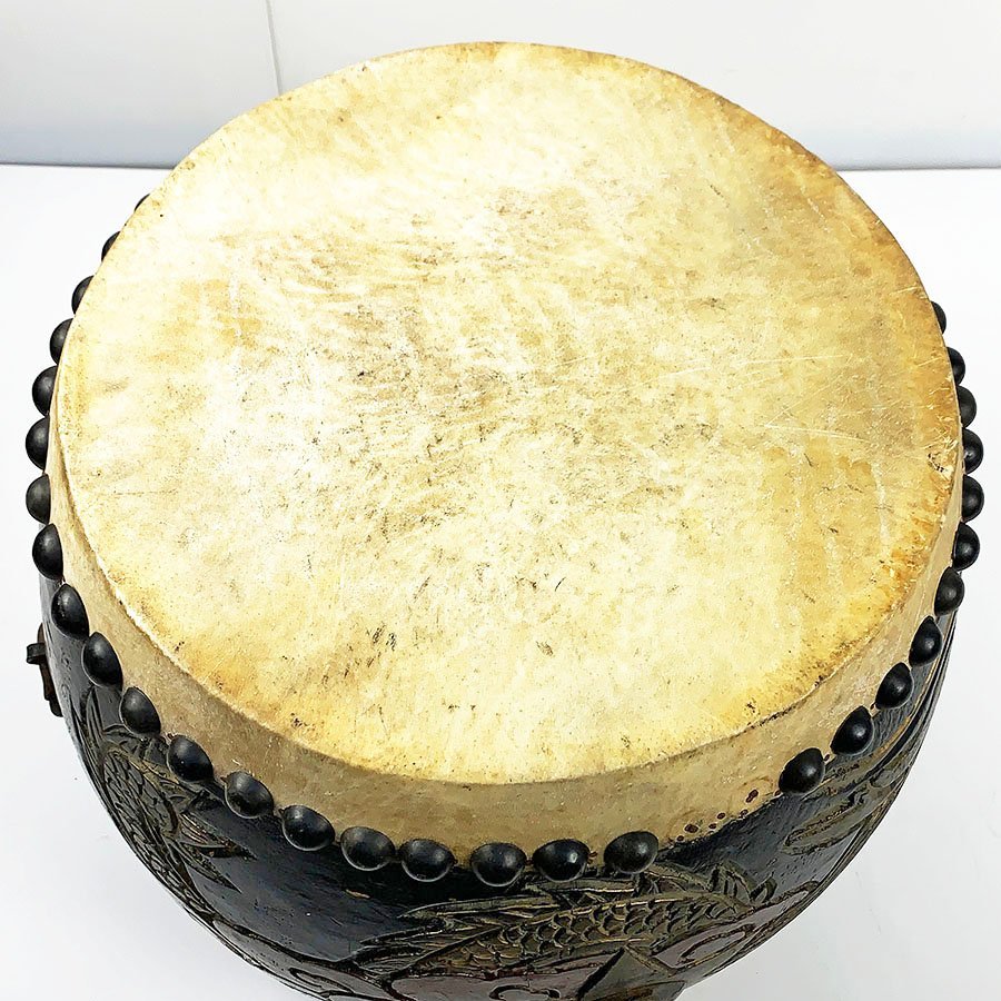現状品 和太鼓 太鼓 長胴太鼓 約36cm 1尺2寸 龍 ドラゴン 彫り 黒