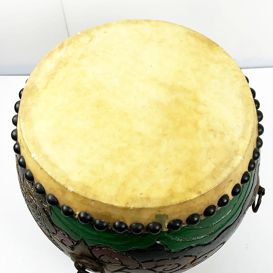 現状品 和太鼓 太鼓 長胴太鼓 約36cm 1尺2寸 龍 ドラゴン 彫り 黒