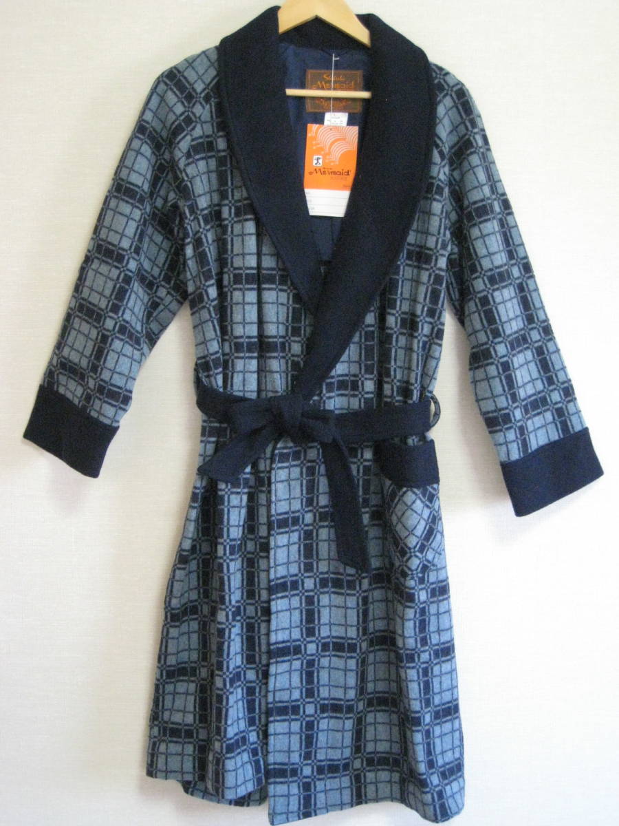 新品・タグ付き★シキボウ 毛70%ベルト付ナイトガウン Ｌ 紺×水色 ショールカラーガウンローブ ロングガウン 未使用 メンズ 日本製 
