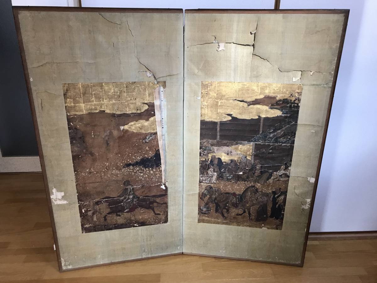 秀峰銘山水図屏風 風景図約259×116㎝ 金紙 片面 六曲 屏風 日本画 贋作