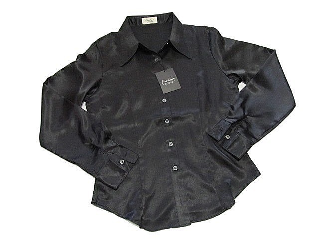 ★新品　つるつる　光沢　艶　黒　ブラック　ツルテロ　サテン　ブラウス　シャツ★ ６２６　B