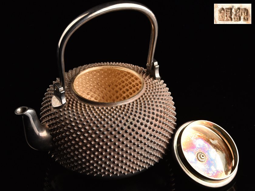流】煎茶道具 純銀製霰打鳴付湯沸 銀瓶 重量862g DD966 サイズ 【公式
