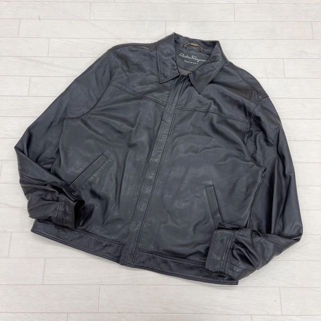 775◎ イタリア製 Salvatore Ferragamo サルヴァトーレ フェラガモ ジャケット ライダース シングル ファスナー レザー ブラック メンズ54