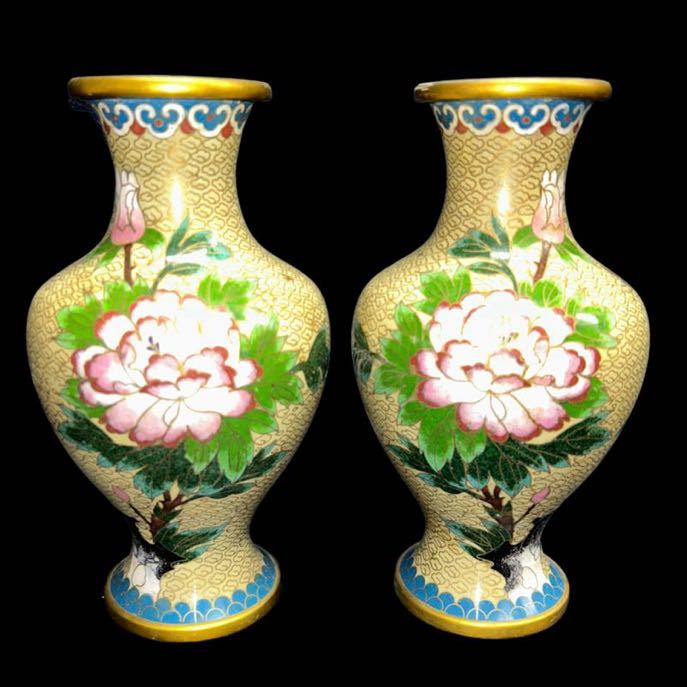 中国美術 景泰藍 七宝花瓶 七宝工芸 七宝焼 1対 金属工芸 高さ18.5㎝
