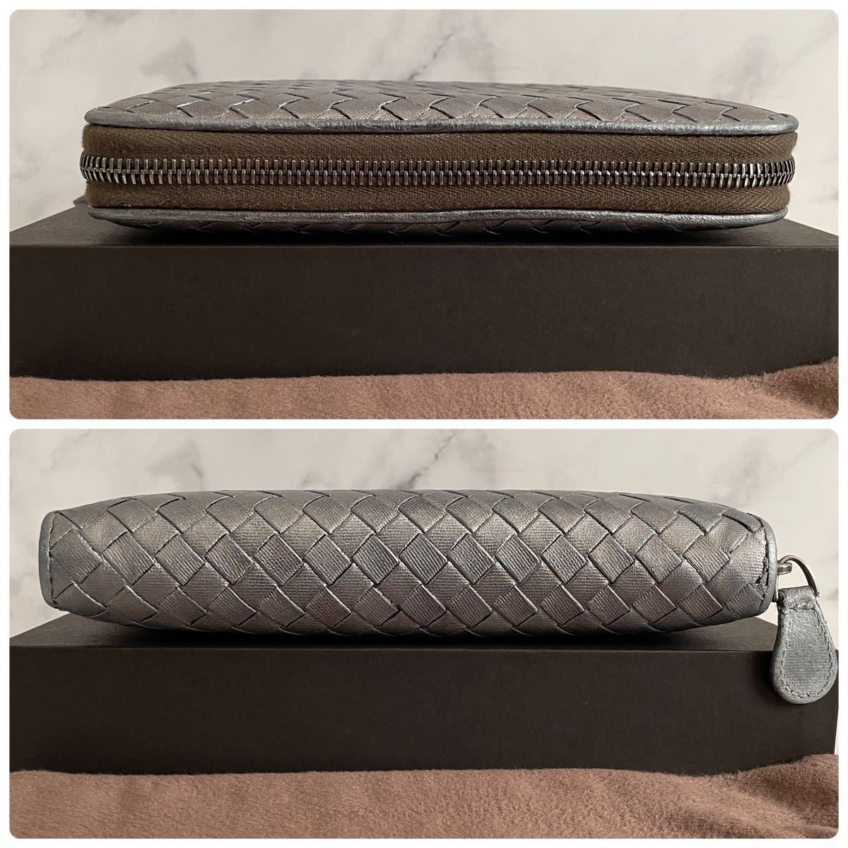 【極美品！希少！】 BOTTEGA VENETA レア ボッテガヴェネタ イントレチャート 男女　長財布 ラウンドファスナー シルバー系 定価7.8万円 BOTTEGA VENETA ボッテガヴェネタ ブラックリネン キャンバス □イントレ