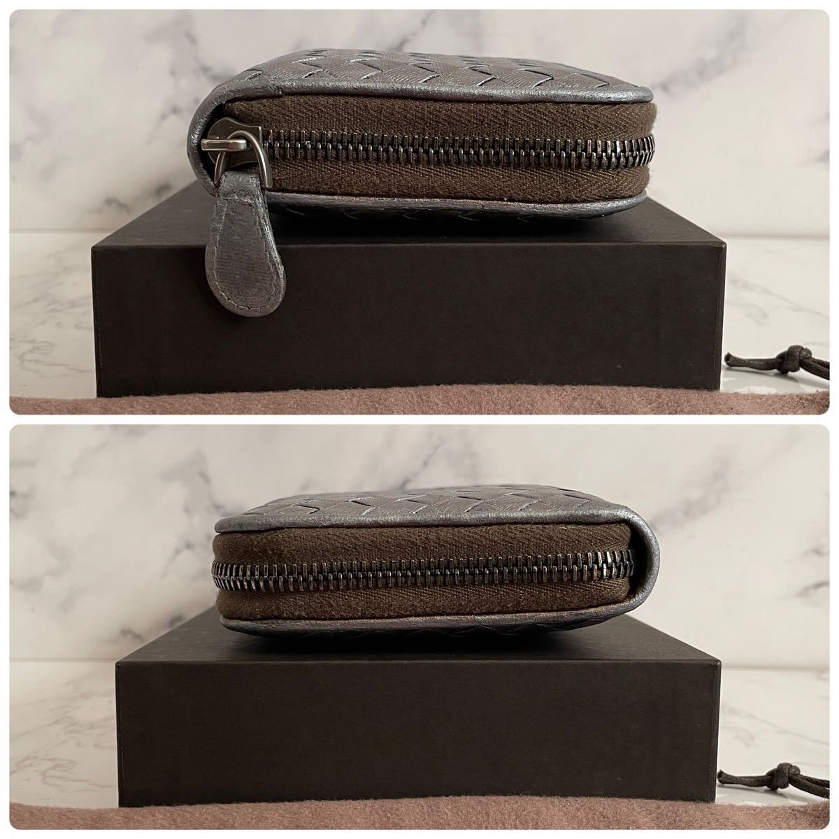 【極美品！希少！】 BOTTEGA VENETA レア ボッテガヴェネタ イントレチャート 男女　長財布 ラウンドファスナー シルバー系 定価7.8万円 BOTTEGA VENETA ボッテガヴェネタ ブラックリネン キャンバス □イントレ
