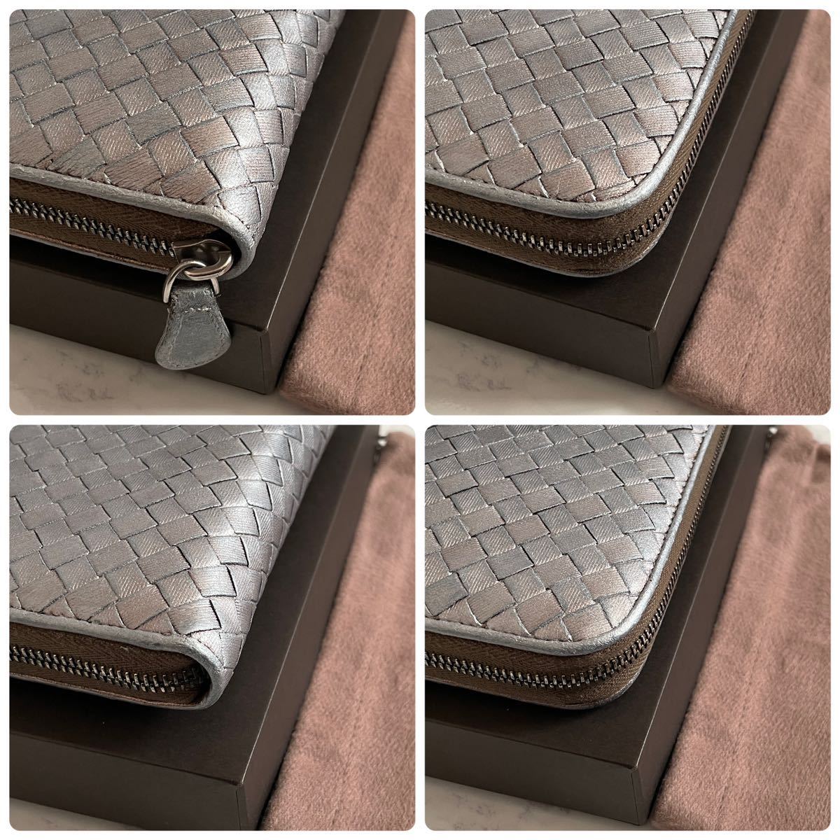 【極美品！希少！】 BOTTEGA VENETA レア ボッテガヴェネタ イントレチャート 男女　長財布 ラウンドファスナー シルバー系 定価7.8万円 BOTTEGA VENETA ボッテガヴェネタ ブラックリネン キャンバス □イントレ