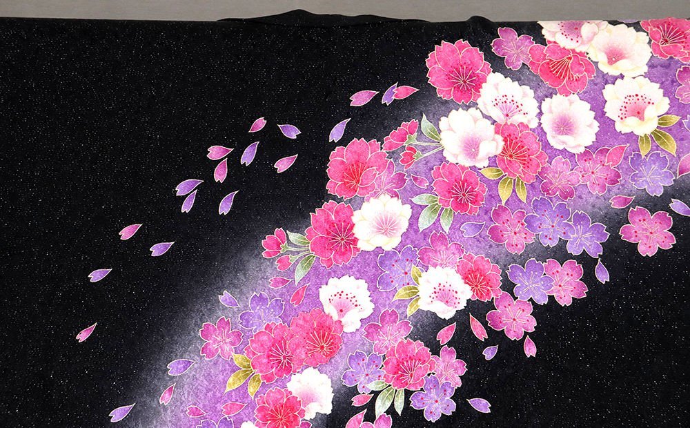 振袖6点フルセット 黒系 八重桜 牡丹 乱菊 刺繍 銀通し 正絹 振袖6点