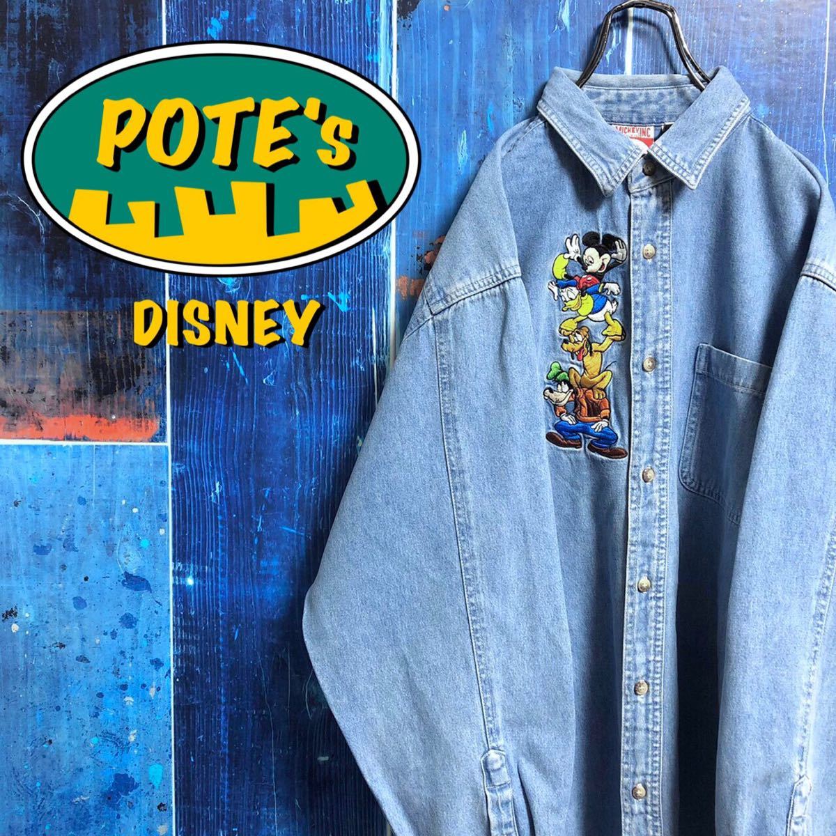 ディズニー】ミッキーファミリーセンターキャラ刺繍デニムシャツ 90s 