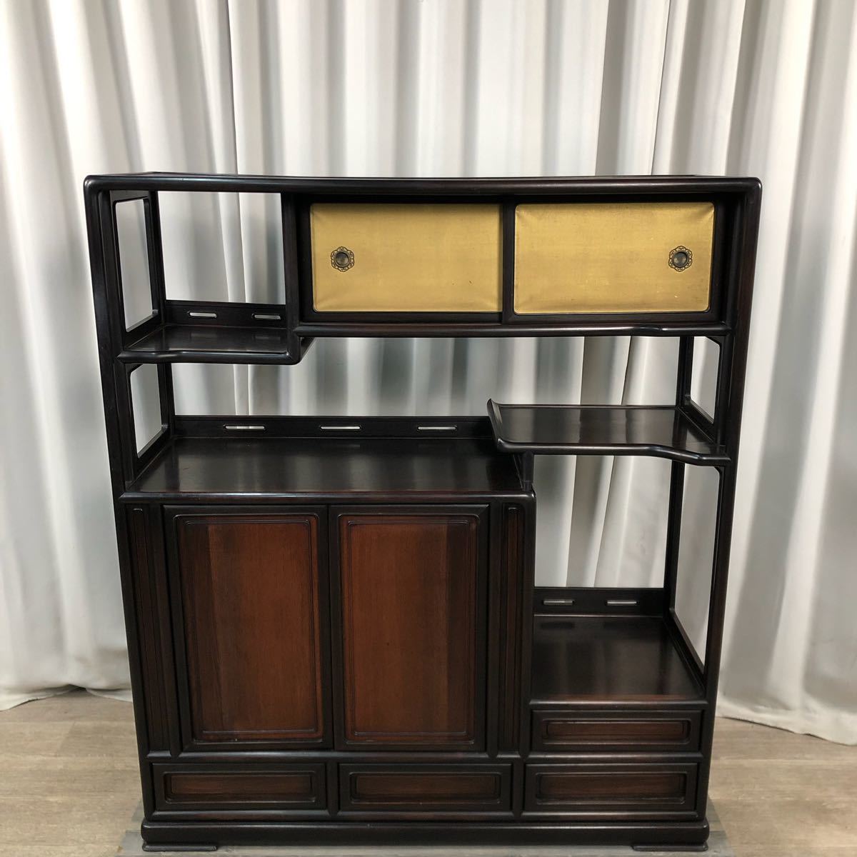 木製 縞黒檀 無垢 茶箪笥 違い棚 飾り棚 茶棚 煎茶棚 収納棚 整理収納