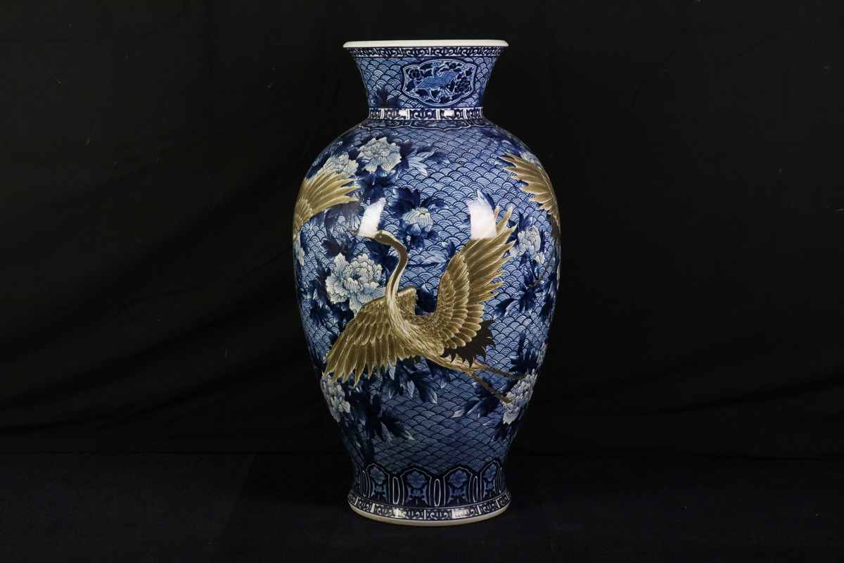 宙 伝統工芸 有田焼 緒方松右衛門作 鶴牡丹図大花瓶 75.5cm 花器 花入
