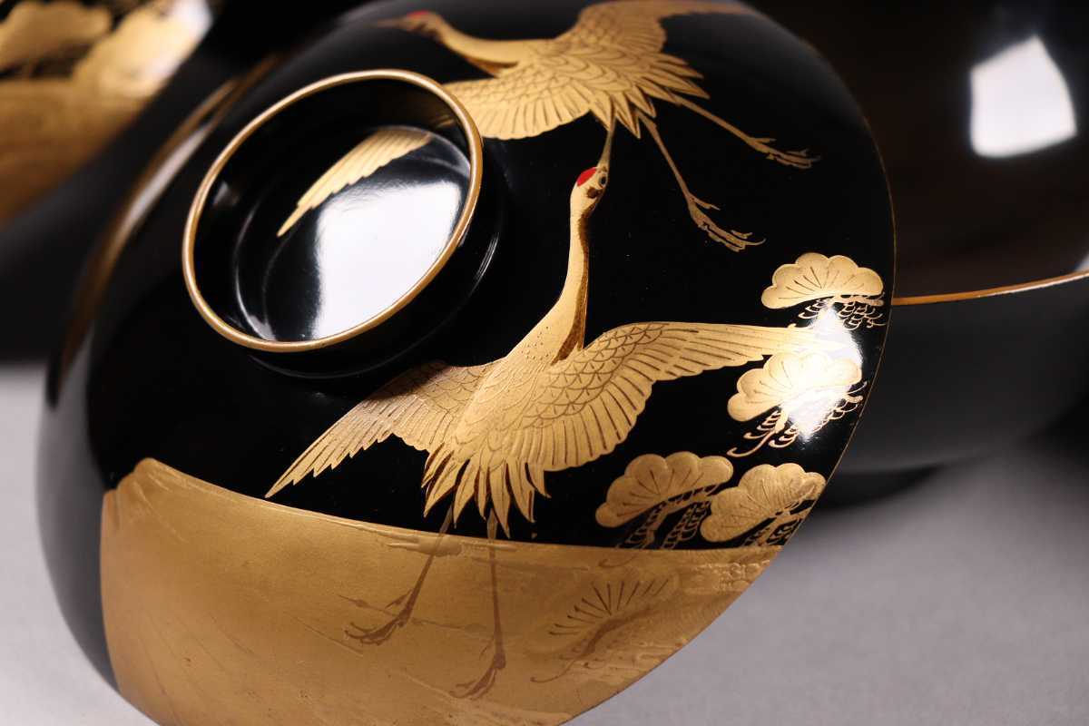 艶30】輪島塗 鶴松富士金蒔絵御吸物椀 五客 明治期黒塗椀 時代木製漆器