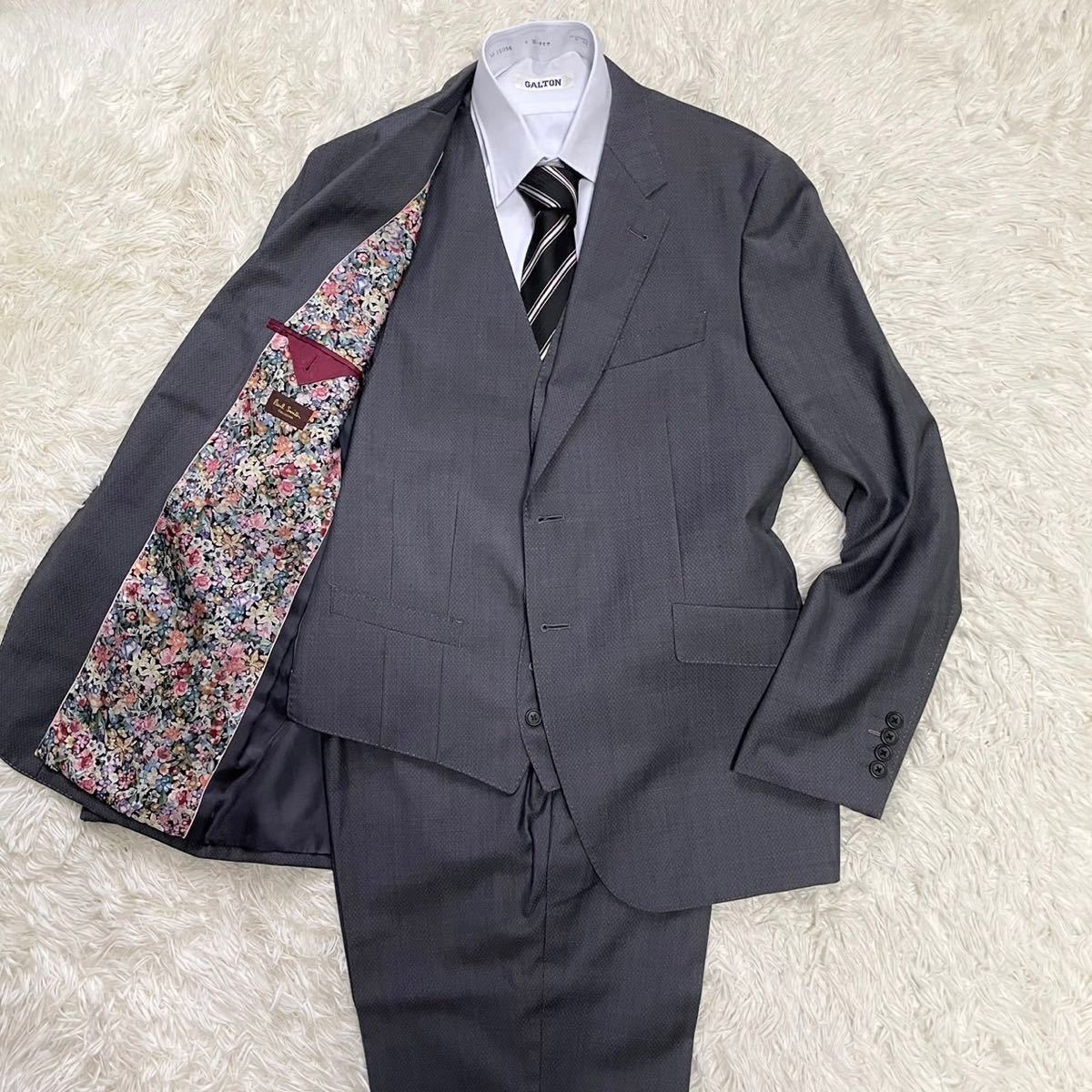 希少XLXサイズ！ポールスミスコレクション×デルフィノ生地 バーズアイ　 微光沢 花柄裏地 スーツ Paul Smith collection スリーピース