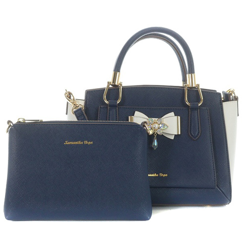 サマンサベガ Samantha Vega ショルダーバッグ ハンドバッグ 2way フェイクレザー ポーチ付き ビジュー 紺 ネイビー 白 ホワイト /SR3 レデ