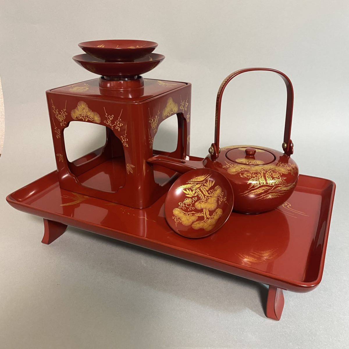 輪島塗 お屠蘇セット 四ツ揃 金蒔絵 沈金新松 木製 共箱付