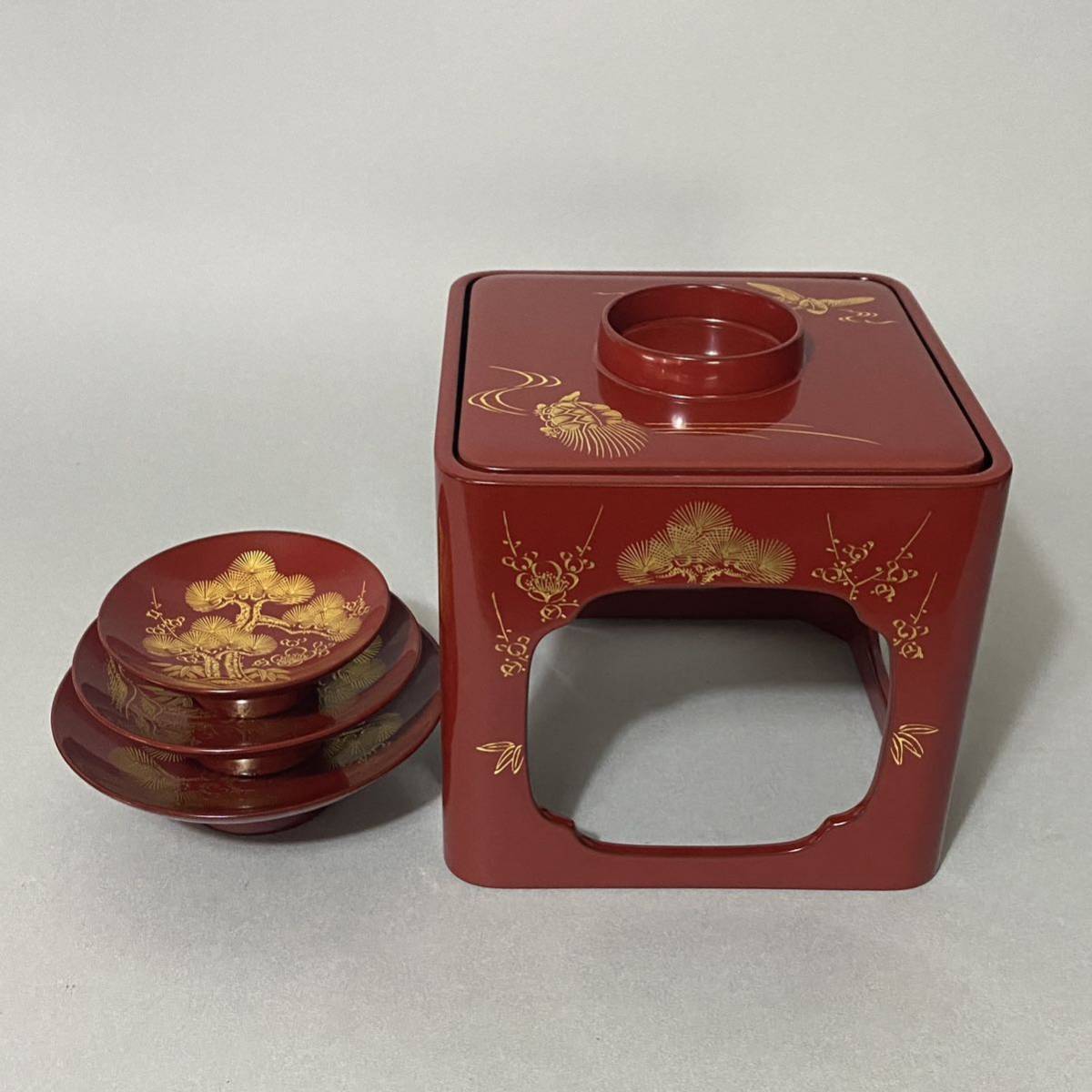 輪島塗 お屠蘇セット 四ツ揃 金蒔絵 沈金新松 木製 共箱付