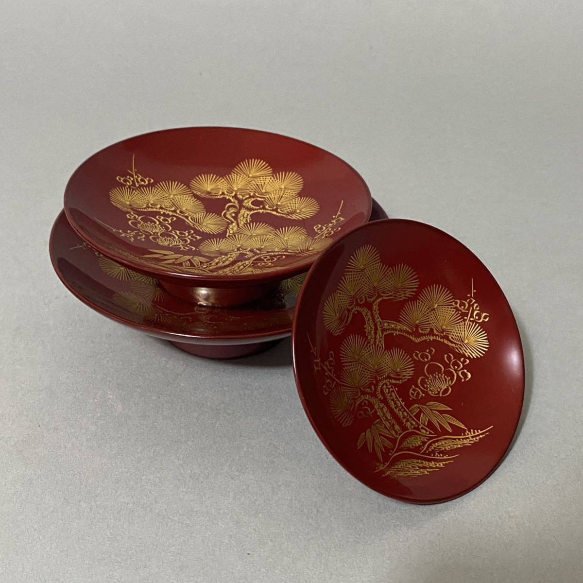 輪島塗 お屠蘇セット 四ツ揃 金蒔絵 沈金新松 木製 共箱付