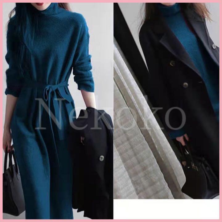 秋冬ゆったり 長袖 ハイネック ニットワンピース タートルネック 紐付き　フリーサイズ　レディース　匿名配送送料込