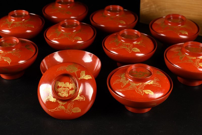 輪島塗 菊文 沈金(蒔絵) 漆器 蓋付椀 菓子椀 煮物椀 吸物椀 木製 2客