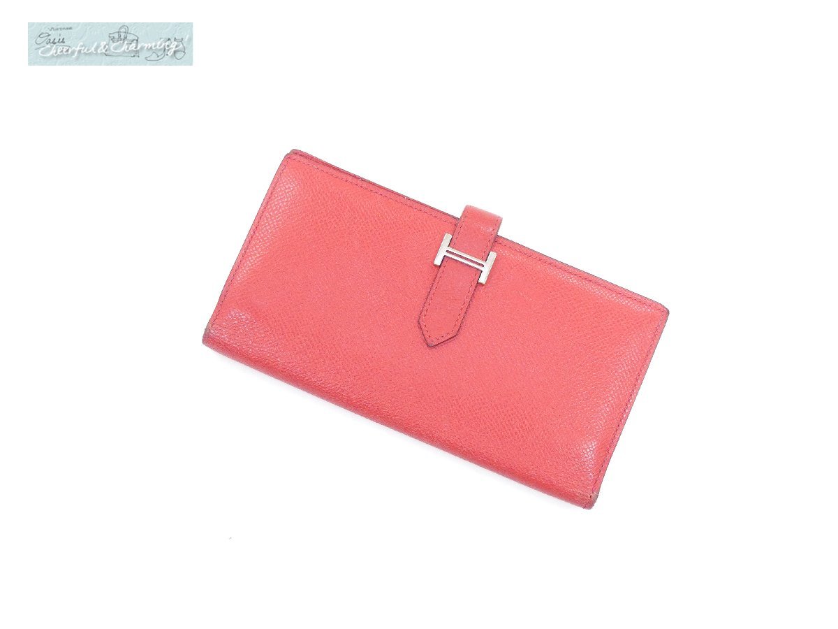 HERMES ベアンスフレ 長財布 レッド系 エプソン シルバー金具 □N刻印 