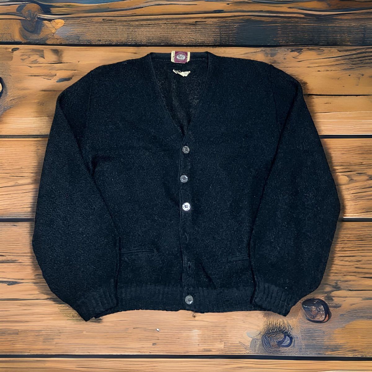 60s ビンテージ モヘアカーディガン ブラック 黒 L モヘア 60s