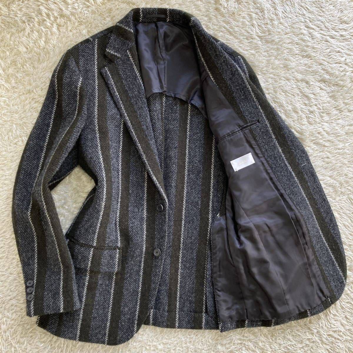 極美品 最高級!! EDIFICE エディフィス × ハリスツイード 別注 テーラードジャケット 46/M ストライプ 上質ウール100% ブラック 黒 グレー