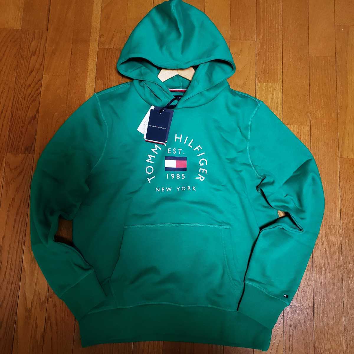 新品】TOMMY HILFIGER Lサイズ ロゴ パーカー グリーン 裏起毛 