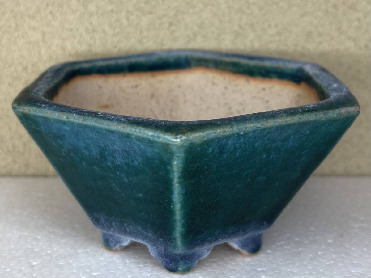 鴻陽造 鴻陽造印 織部釉 緑釉窯変 六角鉢 10.6cm 相羽鴻一郎 手造り 釘彫り落款 和鉢 古鉢