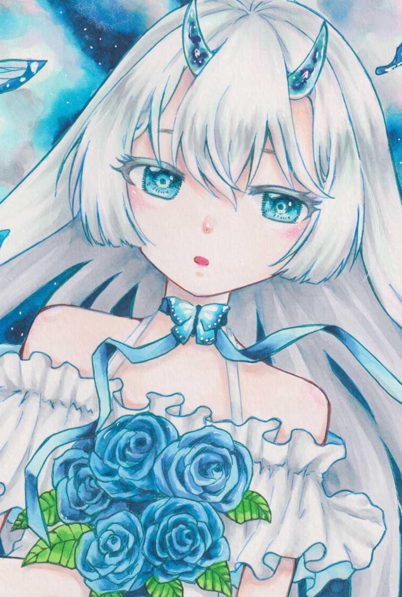 オリジナル手描きイラスト 女の子 ツノっ子 角 鬼 蝶 リボン