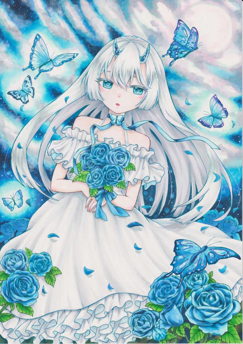 オリジナル手描きイラスト 女の子 ツノっ子 角 鬼 蝶 リボン