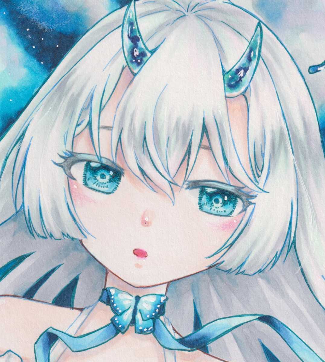 オリジナル手描きイラスト 女の子 ツノっ子 角 鬼 蝶 リボン