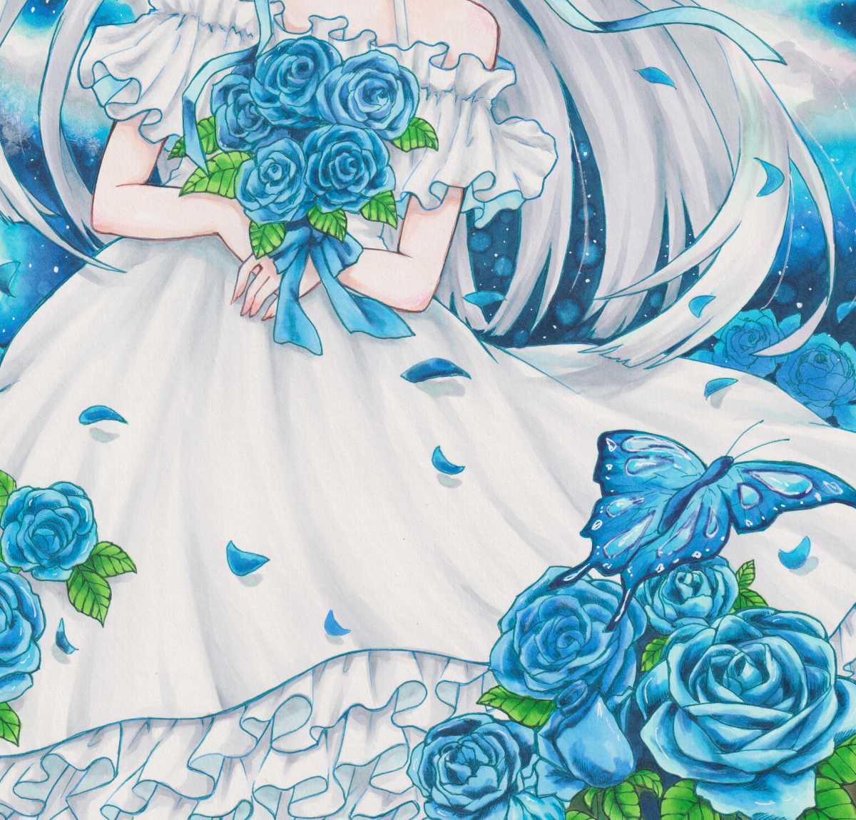 オリジナル手描きイラスト 女の子 ツノっ子 角 鬼 蝶 リボン