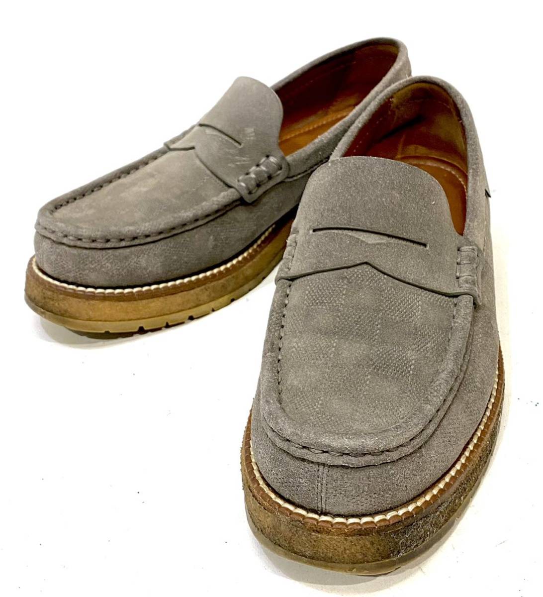 LOUIS VUITTON MENS ダミエ スエードペニーローファー ルイヴィトン ラバーソール スリッポン レザーシューズ グレー 8 26.5 cmイタリア製