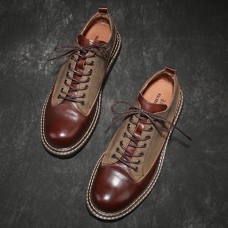 レトロ 牛革×キャンバス ビジネスシューズ 高級紳士靴 革靴 本革 パッチワーク ツーリングシューズ メンズ おしゃれ 25.5cm