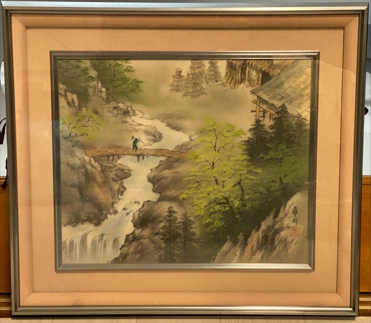 小島蓼川　山水画　絹本　肉筆　サイン有　額装