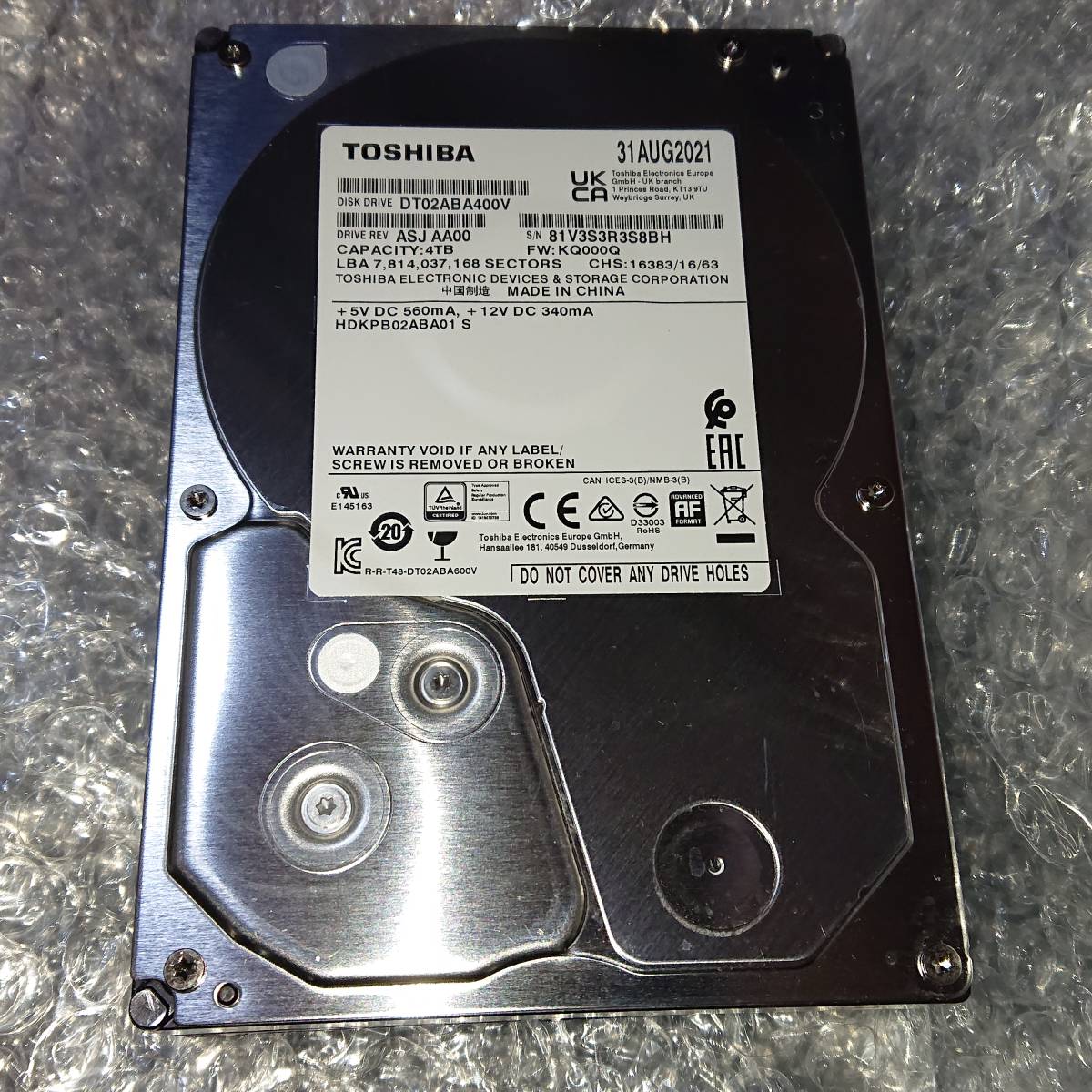4TB TOSHIBA 静音低発熱AVコマンド対応SATA HDD DT02ABA400V 3449時間 