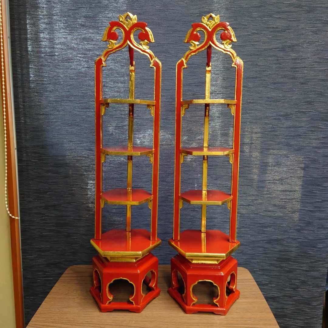 【若葉段盛 高さ約72cm 木製 朱塗面金】寺院仏具 アンティーク 金箔 長期在庫品 アウトレット 仏教美術
