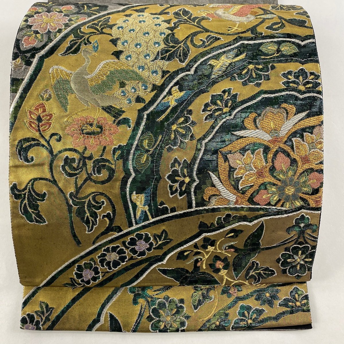 袋帯 秀品 花鳥 花唐草 金銀彩 ぼかし クリーム お太鼓柄 正絹 【中古】