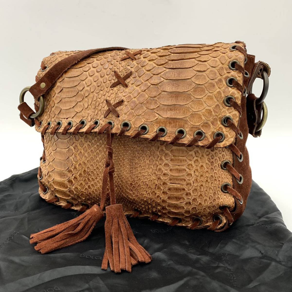 ☆良品/高級ラグジュアリー鞄 [イタリア製] 極上!!蛇革パイソンレザー 'DOLCE&GABBANA ドルチェアンドガッバーナ' ショルダーバッグ BRN 茶