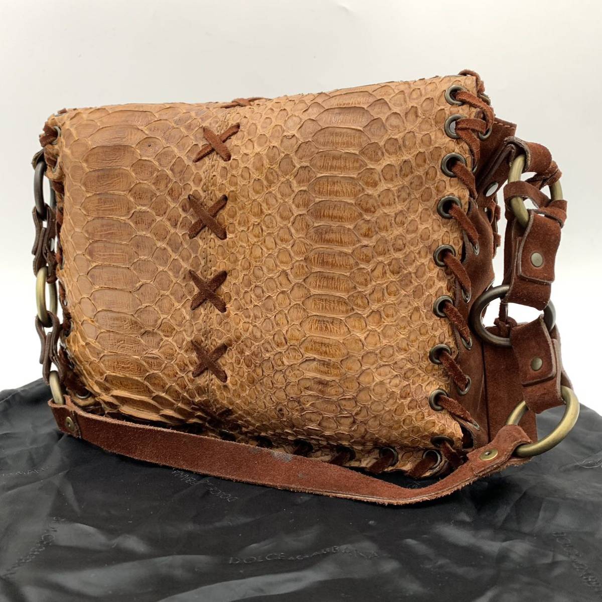 ☆良品/高級ラグジュアリー鞄 [イタリア製] 極上!!蛇革パイソンレザー 'DOLCE&GABBANA ドルチェアンドガッバーナ' ショルダーバッグ BRN 茶