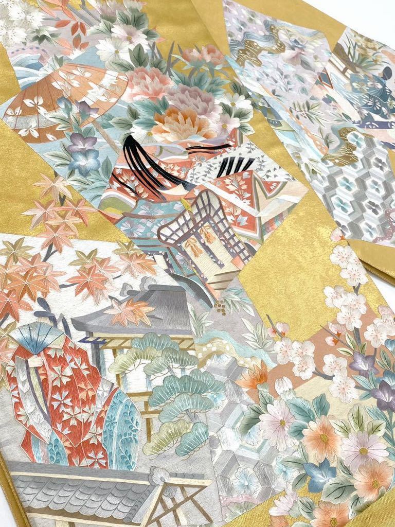 蘇州刺繍 相良刺繍 お太鼓 袋帯 菱文様 花柄 華文様 正絹 k022 蘇州刺繍 相良刺繍 袋帯 南天 花文様 正絹 お太鼓柄 正絹 袋帯 蘇州
