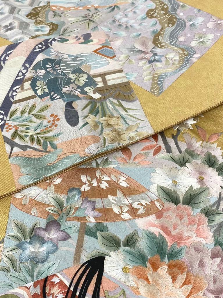 蘇州刺繍 相良刺繍 袋帯 南天 花文様 正絹 お太鼓柄 正絹 袋帯 蘇州