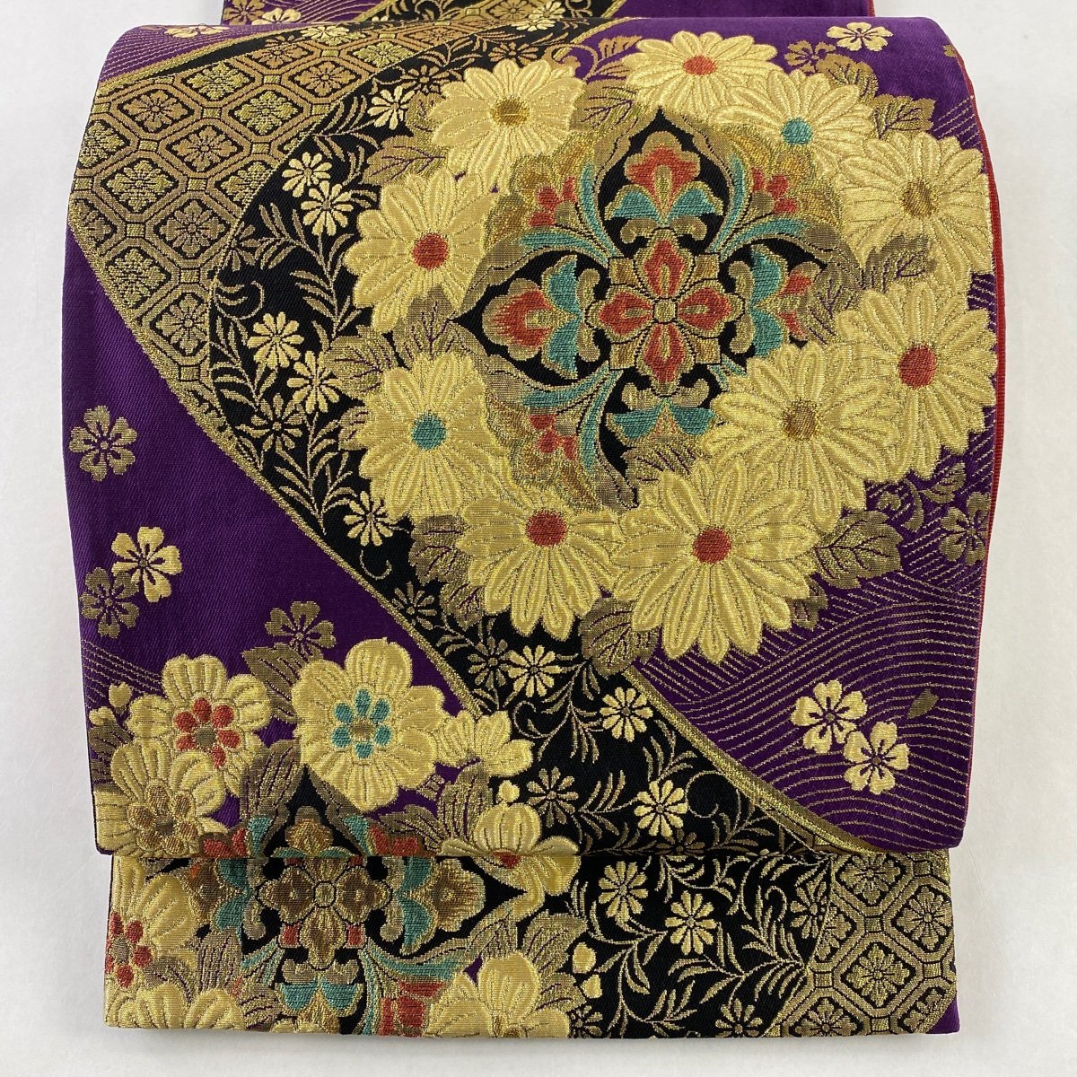 美品 袋帯 秀品 関西仕立て 華文 草花 金銀糸 箔 赤茶 お太鼓柄