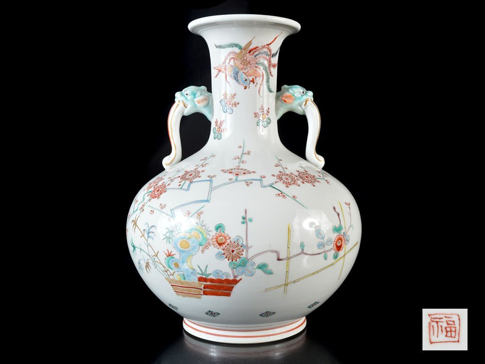 定番，大得価 雲 某名家収蔵品 時代 酒井田柿右衛門 有田 色絵金彩花鳳凰絵付獣耳花瓶 高さ30cm 角福 古美術品 A5526y OTD6dbf54 DB6f5sd(柿右衛門様式)｜売買されたオークション情報、yahooの商品情報をアーカイ 伊万里、有田
