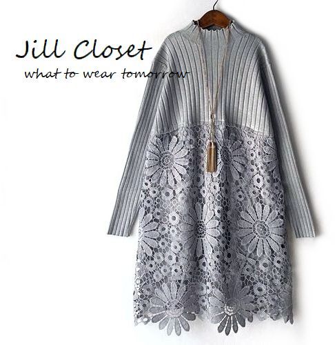 Jill.C☆*［新品］伸縮◎華やかな リブニット切替え 重ねクロシェレースdesign*プルオーバー/チュニック/ワンピース3166.gray