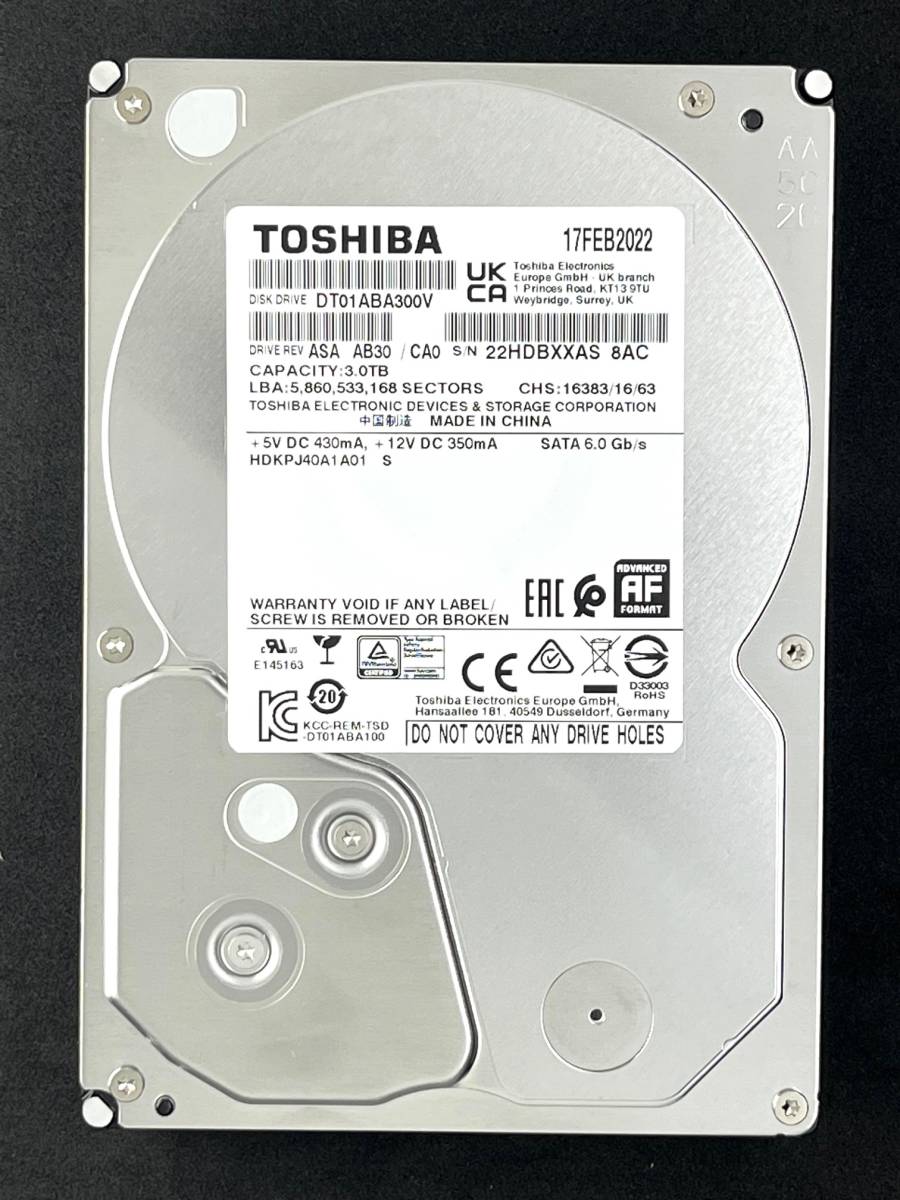 【送料無料】 ★ 3TB ★　TOSHIBA / DT01ABA300V 【使用時間：12ｈ】　2022年製　新品同様　3.5インチ 内蔵 HDD　SATA600/5940rpm　DT01-V