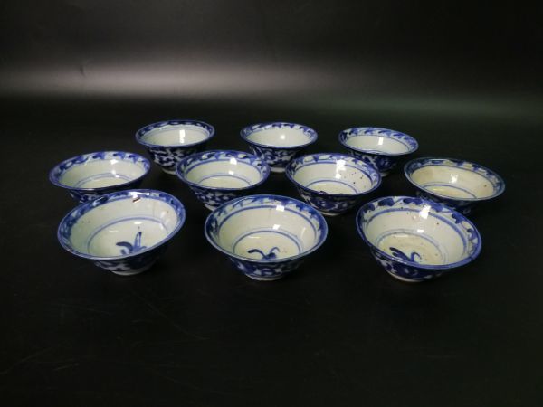 中国美術 中国 古染付 青華 メダカ文 煎茶碗 5客 唐物