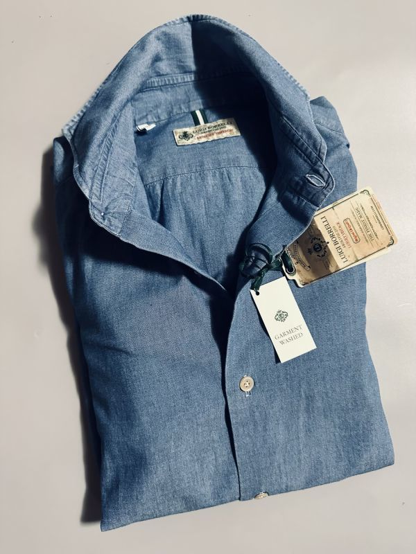 2239】新品4.3万【LUIGI BORRELLI / ルイジボレッリ　M（39-40）　デニムシャンブレーシャツ　ホリゾンタルカラー　ハンド仕立】インディゴ