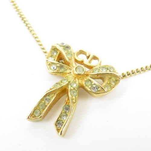 61876★1円スタート★Christian Dior クリスチャンディオール 極美品 リボン CDロゴ ネックレス GP ラインストーン ゴールド レディース