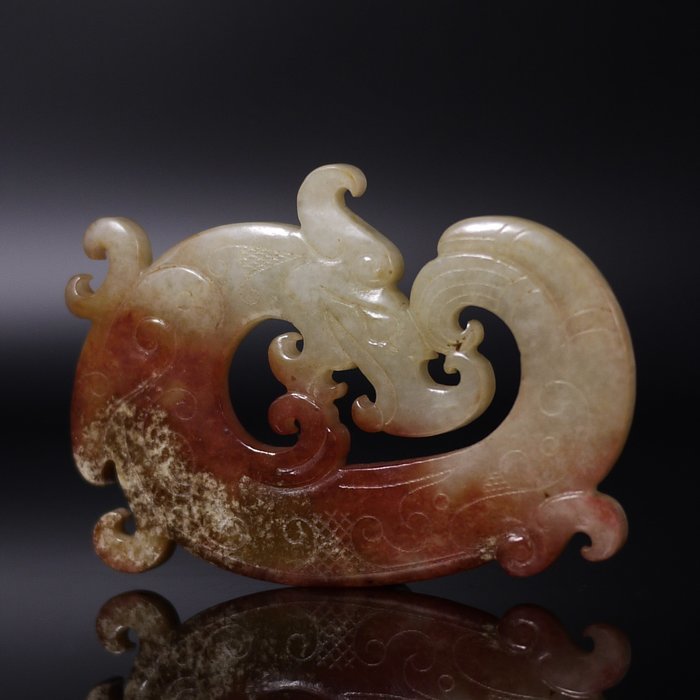 時代物 砡 唐物 和田玉 Yu 玉器 彫刻 如意紋佩 双竜 青白玉 雲錦